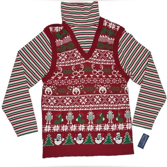 NWT American Rag Ugly Christmas Sweater Turtleneck Red Green Stripes Vest - Picture 1 of 8